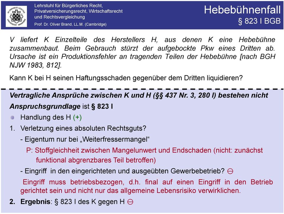 Vertragliche Ansprüche zwischen K und H ( 437 Nr. 3, 280 I) bestehen nicht Anspruchsgrundlage ist 823 I " Handlung des H (+) 1. Verletzung eines absoluten Rechtsguts?