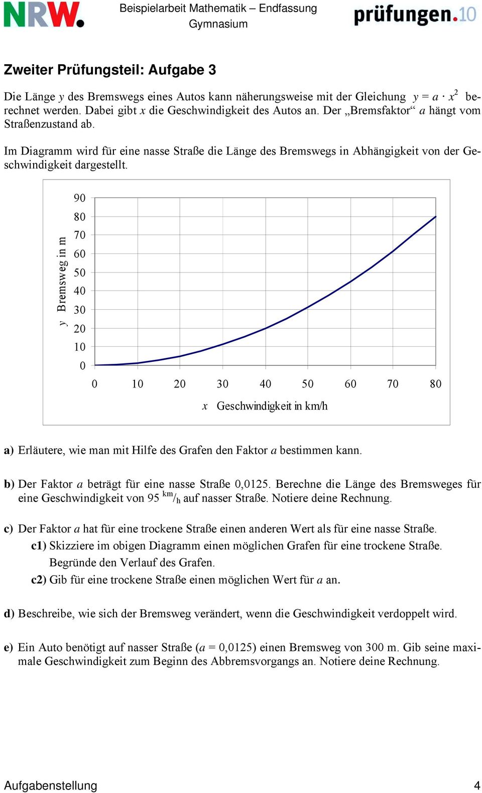 y Bremsweg in m 90 80 70 60 50 40 30 20 10 0 0 10 20 30 40 50 60 70 80 x Geschwindigkeit in km/h a) Erläutere, wie man mit Hilfe des Grafen den Faktor a bestimmen kann.