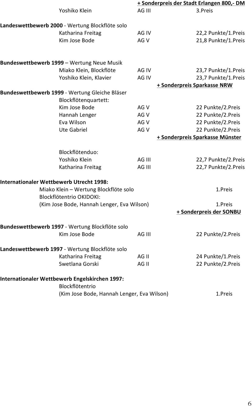 Preis + Sonderpreis Sparkasse NRW Bundeswettbewerb 1999 - Wertung Gleiche Bläser Kim Jose Bode AG V 22 Punkte/2.Preis Hannah Lenger AG V 22 Punkte/2.Preis Eva Wilson AG V 22 Punkte/2.