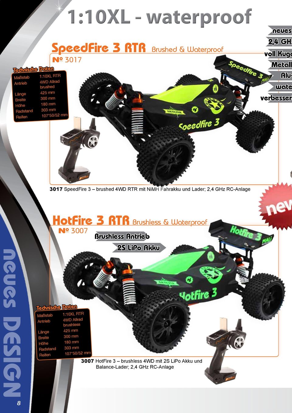 2,4 GHz RC-Anlage neues DESIGN 8 HotFire 3 RTR N o 3007 Maßstab 1:10XL RTR brushless Länge 425 mm Breite 300 mm Höhe 180 mm Radstand 303 mm