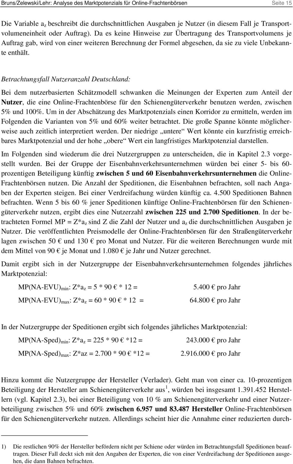 Betrachtungsfall Nutzeranzahl Deutschland: Bei dem nutzerbasierten Schätzmodell schwanken die Meinungen der Experten zum Anteil der Nutzer, die eine Online-Frachtenbörse für den Schienengüterverkehr