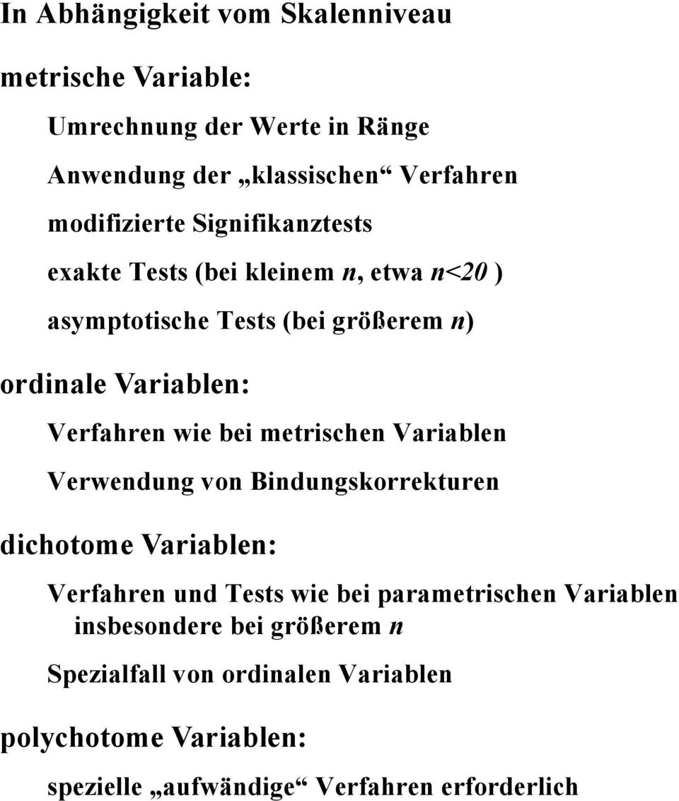 bei metrischen Variablen Verwendung von Bindungskorrekturen dichotome Variablen: Verfahren und Tests wie bei parametrischen