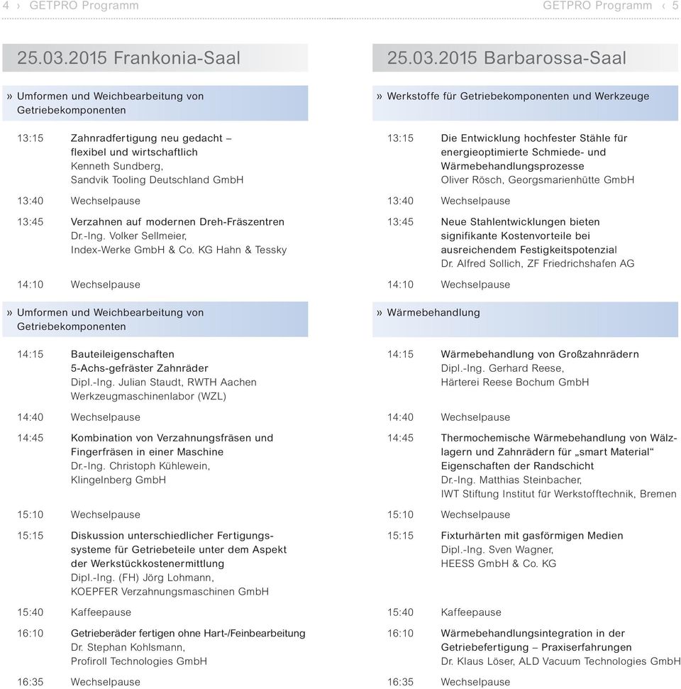 2015 Barbarossa-Saal Umformen und Weichbearbeitung von Werkstoffe für und Werkzeuge 13:15 Zahnradfertigung neu gedacht flexibel und wirtschaftlich Kenneth Sundberg, Sandvik Tooling Deutschland GmbH