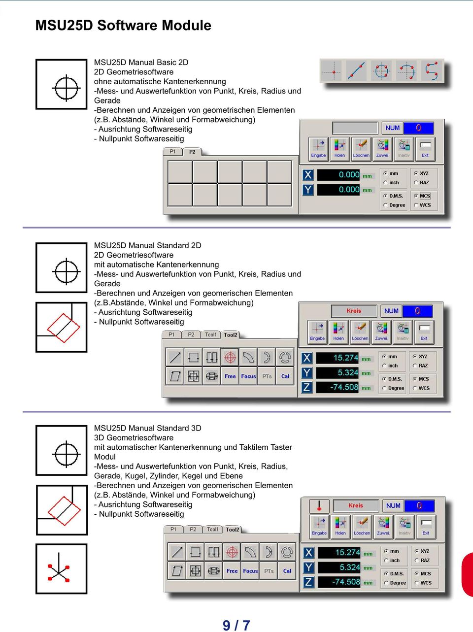 Abstände, Winkel und Formabweichung) - Ausrichtung Softwareseitig - Nullpunkt Softwareseitig MSU25D Manual Standard 2D 2D Geometriesoftware mit automatische Kantenerkennung -Mess- und