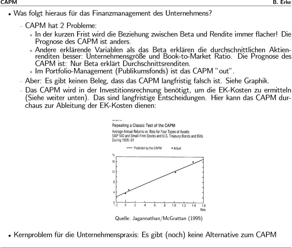 Die Prognose des CAPM ist: Nur Beta erklärt Durchschnittsrenditen. Im Portfolio-Management (Publikumsfonds) ist das CAPM out. Aber: Es gibt keinen Beleg, dass das CAPM langfristig falsch ist.