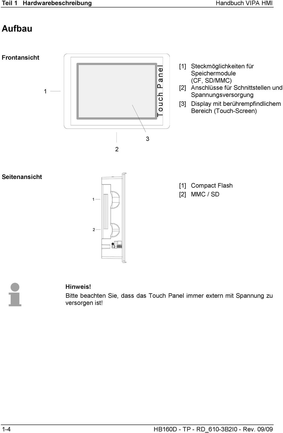 berührempfindlichem Bereich (Touch-Screen) 3 2 Seitenansicht 1 [1] Compact Flash [2] MMC / SD 2 Hinweis!