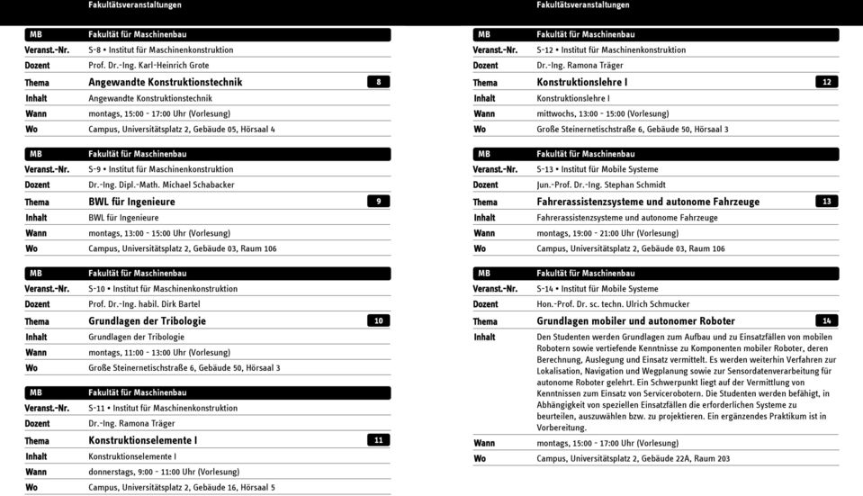 mittwochs, 13:00-15:00 (Vorlesung) Campus, Universitätsplatz 2, Gebäude 05, Hörsaal 4 Große Steinernetischstraße 6, Gebäude 50, Hörsaal 3 MB Fakultät für Maschinenbau MB Fakultät für Maschinenbau S-9