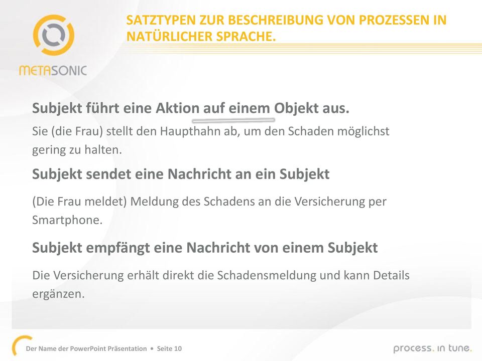 Subjekt sendet eine an ein Subjekt (Die Frau meldet) Meldung des Schadens an die Versicherung per Smartphone.