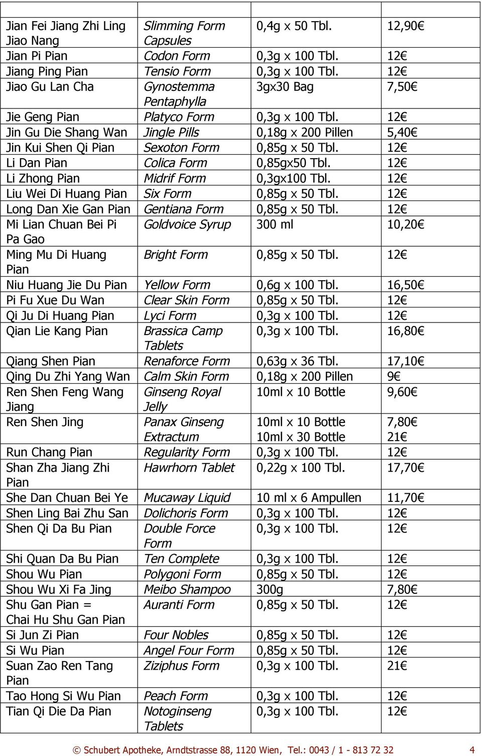 12 Jin Gu Die Shang Wan Jingle Pills 0,18g x 200 Pillen 5,40 Jin Kui Shen Qi Pian Sexoton Form 0,85g x 50 Tbl. 12 Li Dan Pian Colica Form 0,85gx50 Tbl. 12 Li Zhong Pian Midrif Form 0,3gx100 Tbl.