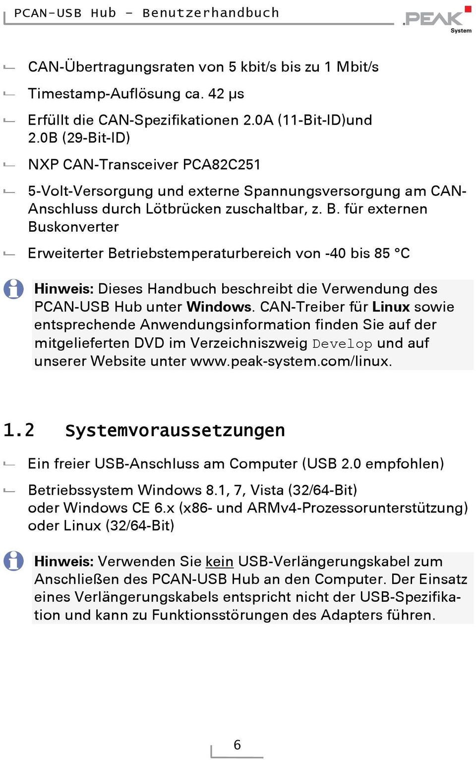 für externen Buskonverter Erweiterter Betriebstemperaturbereich von -40 bis 85 C Hinweis: Dieses Handbuch beschreibt die Verwendung des PCAN-USB Hub unter Windows.