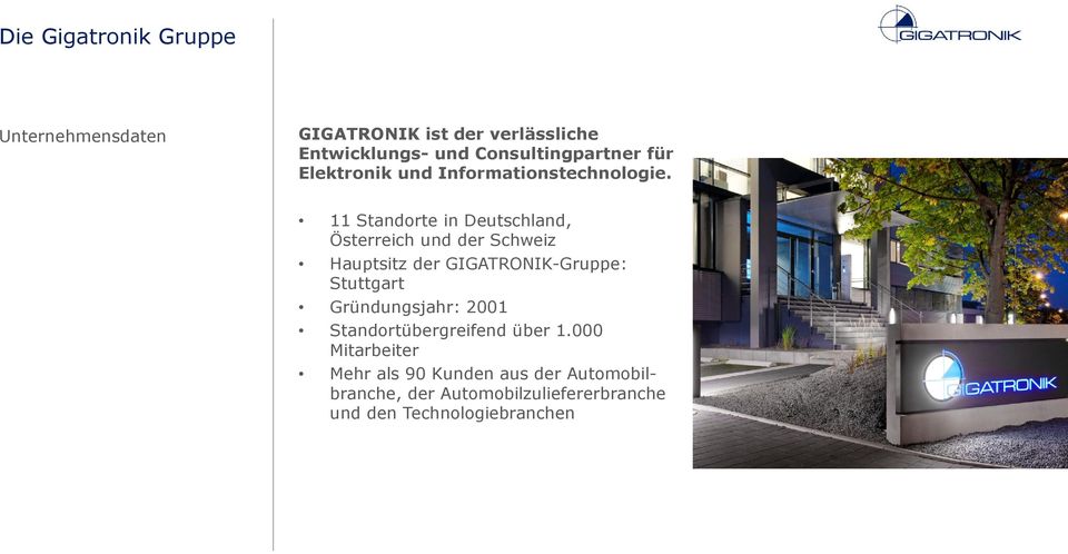 11 Standorte in Deutschland, Österreich und der Schweiz Hauptsitz der GIGATRONIK-Gruppe: Stuttgart