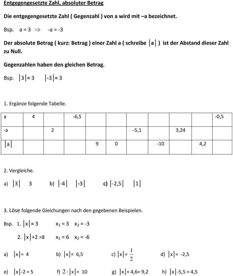 Gegenzahlen haben den gleichen Betrag. Bsp. 3 = 3-3 = 3. Ergänze folgende Tabelle. a 4-6,5-0,5 -a -5, 3,4 a 9 0-0 4,. Vergleiche.