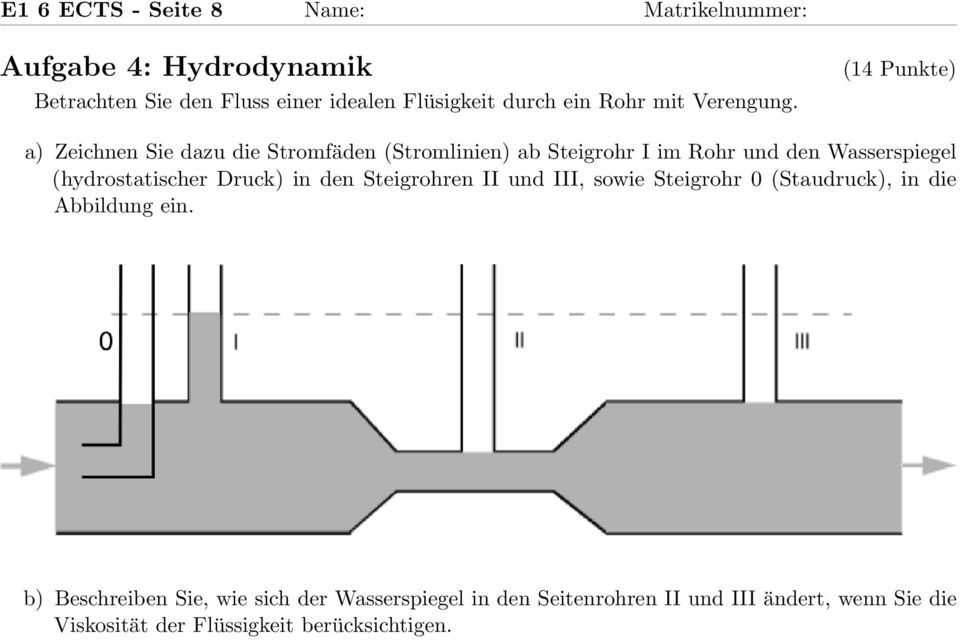 (14 Punkte) a) Zeichnen Sie dazu die Stromfäden (Stromlinien) ab Steigrohr I im Rohr und den Wasserspiegel (hydrostatischer