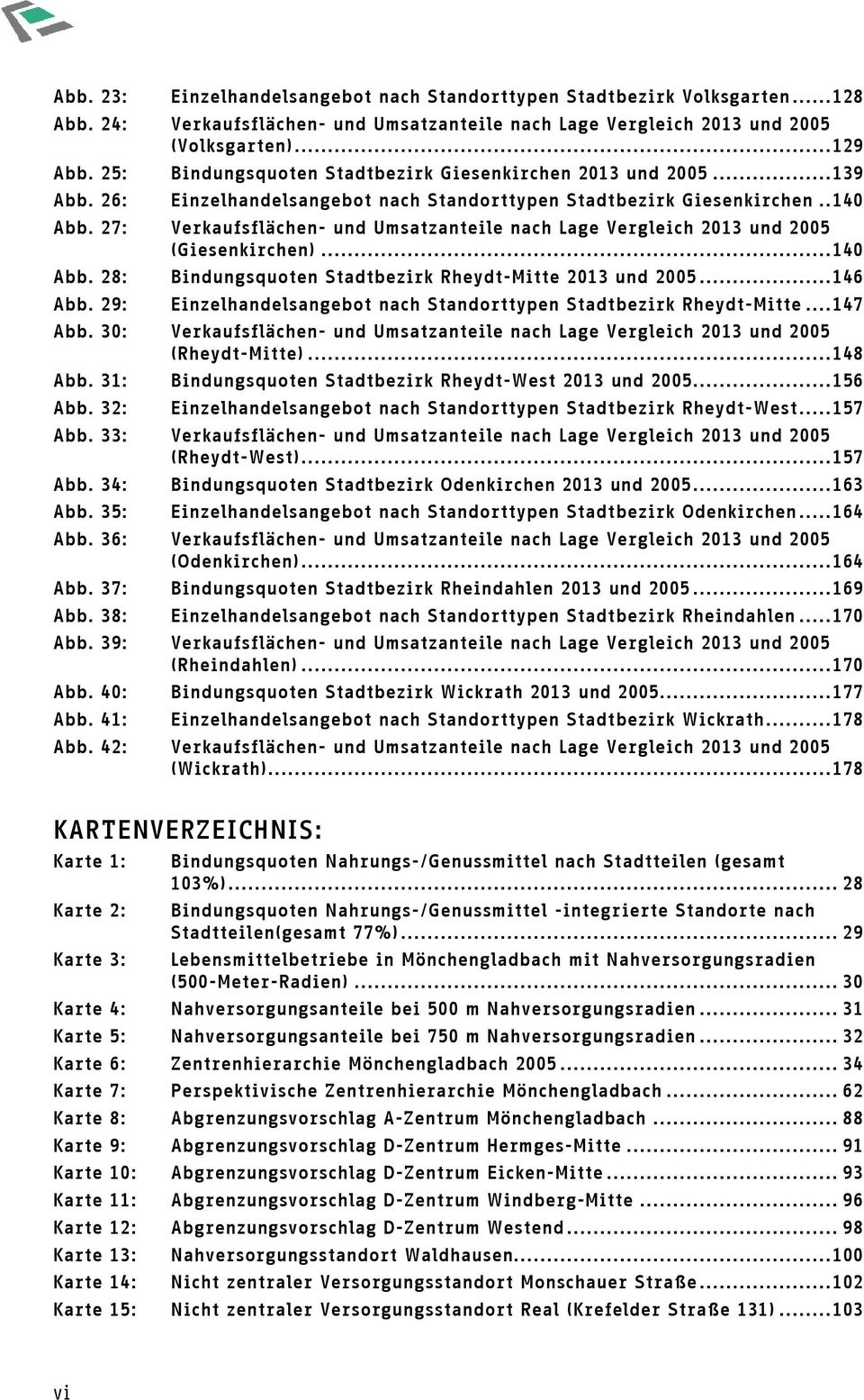 27: Verkaufsflächen- und Umsatzanteile nach Lage Vergleich 2013 und 2005 (Giesenkirchen)...140 Abb. 28: Bindungsquoten Stadtbezirk Rheydt-Mitte 2013 und 2005...146 Abb.