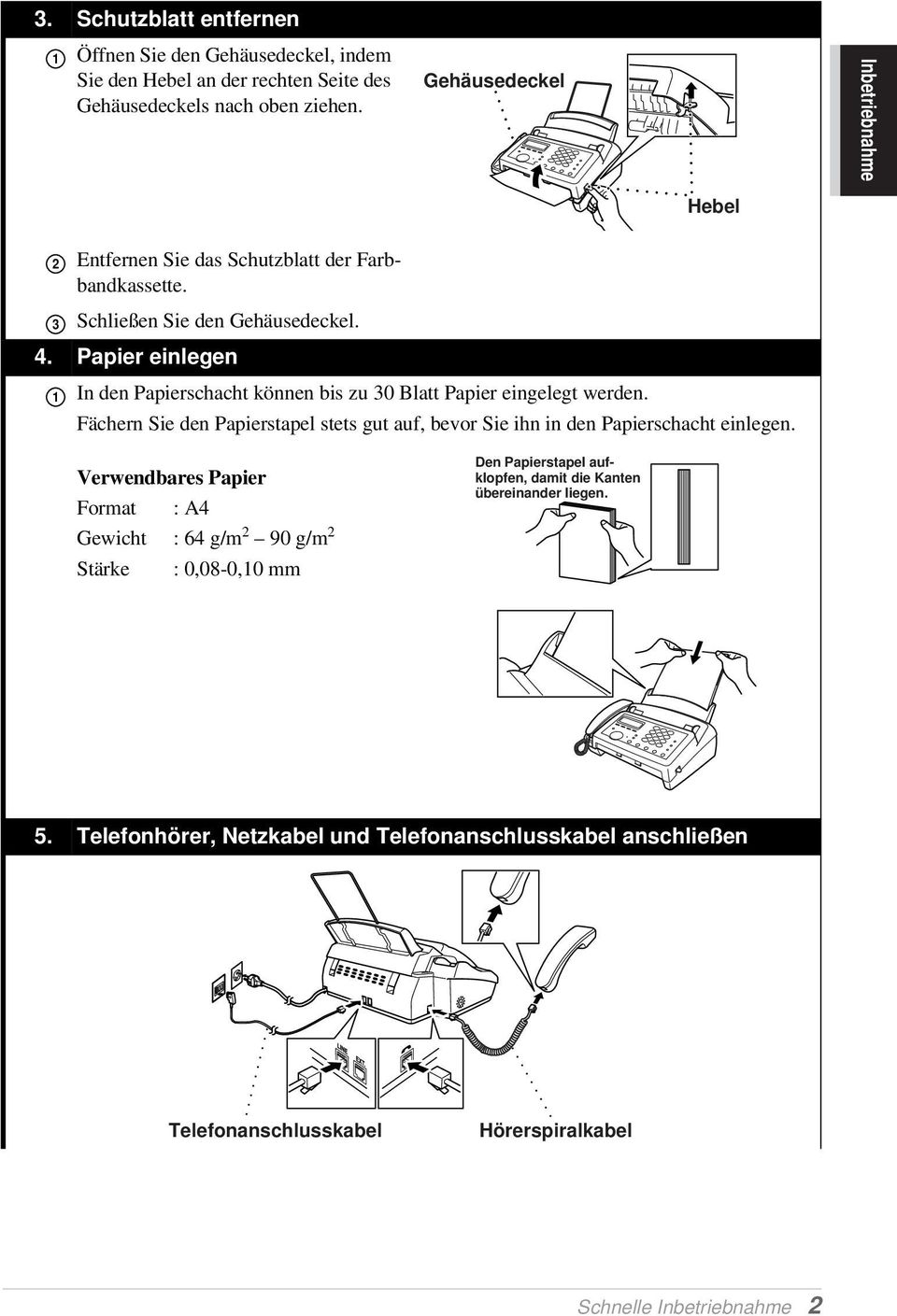 Papier einlegen 1 In den Papierschacht können bis zu 30 Blatt Papier eingelegt werden. Fächern Sie den Papierstapel stets gut auf, bevor Sie ihn in den Papierschacht einlegen.