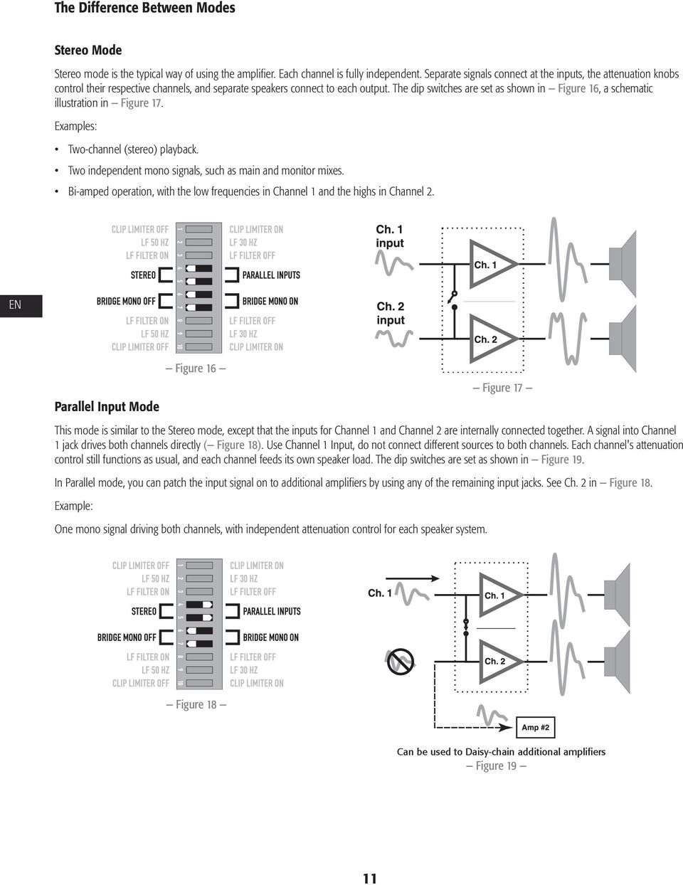 The dip switches are set as shown in ù Figure 16, a schematic illustration in ù Figure 17. Examples: ò Two-channel (stereo) playback. ò Two independent mono signals, such as main and monitor mixes.