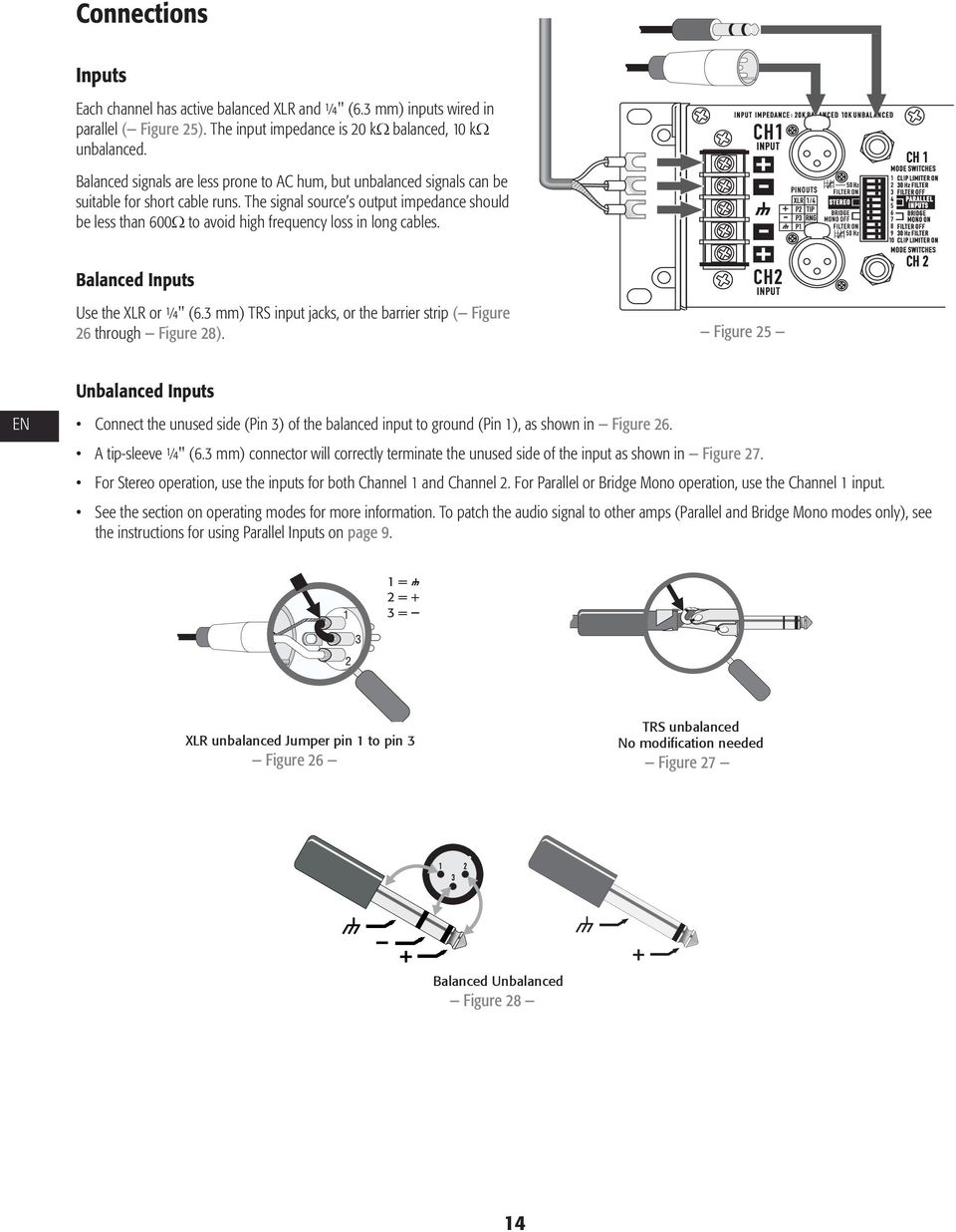 The signal sourceæs output impedance should be less than 600 to avoid high frequency loss in long cables. Balanced Inputs Use the XLR or " (6.