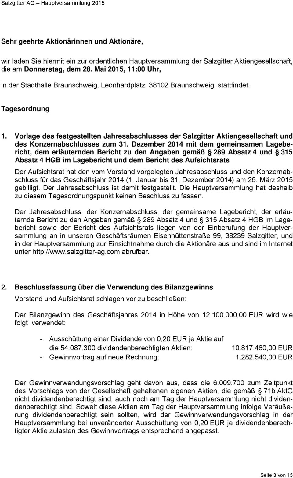 Vorlage des festgestellten Jahresabschlusses der Salzgitter Aktiengesellschaft und des Konzernabschlusses zum 31.