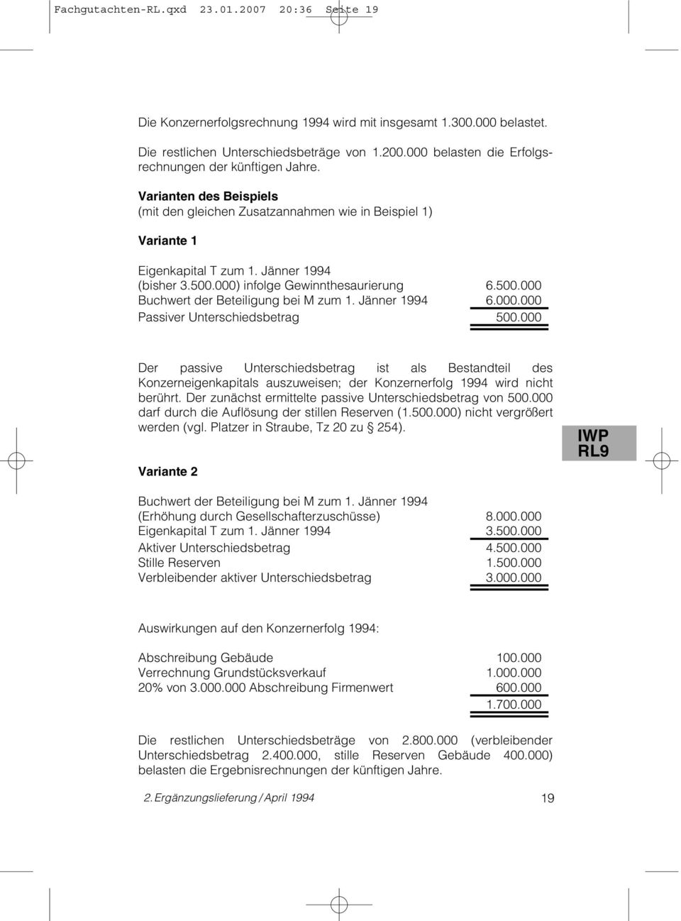 Jänner 1994 6.000.000 Passiver Unterschiedsbetrag 500.000 Der passive Unterschiedsbetrag ist als Bestandteil des Konzerneigenkapitals auszuweisen; der Konzernerfolg 1994 wird nicht berührt.