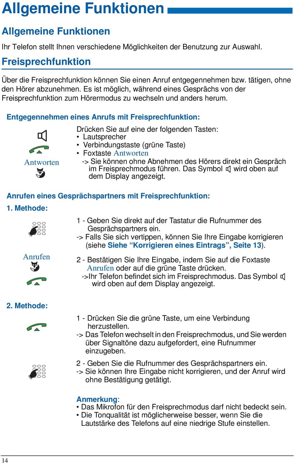 Entgegennehmen eines Anrufs mit Freisprechfunktion: Drücken Sie auf eine der folgenden Tasten: Lautsprecher Verbindungstaste (grüne Taste) Foxtaste Antworten Antworten -> Sie können ohne Abnehmen des