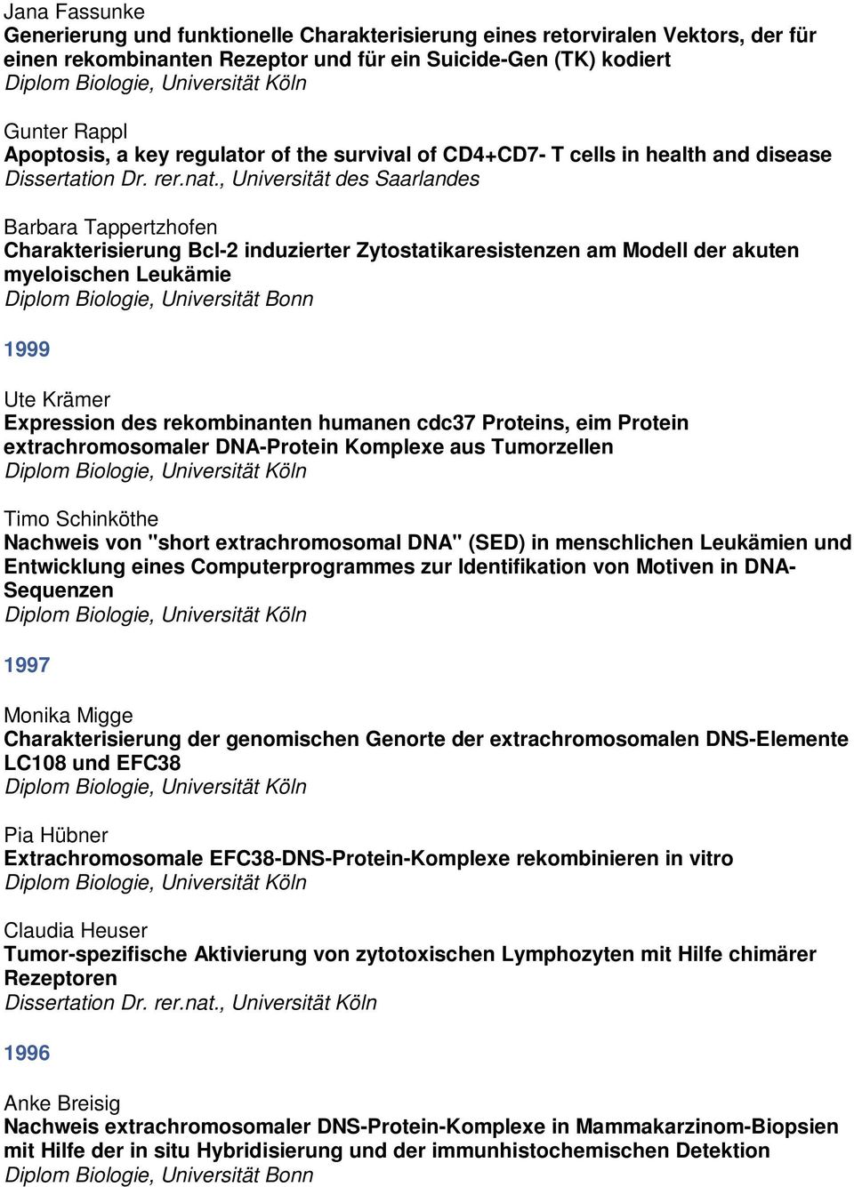 , Universität des Saarlandes Barbara Tappertzhofen Charakterisierung Bcl-2 induzierter Zytostatikaresistenzen am Modell der akuten myeloischen Leukämie 1999 Ute Krämer Expression des rekombinanten