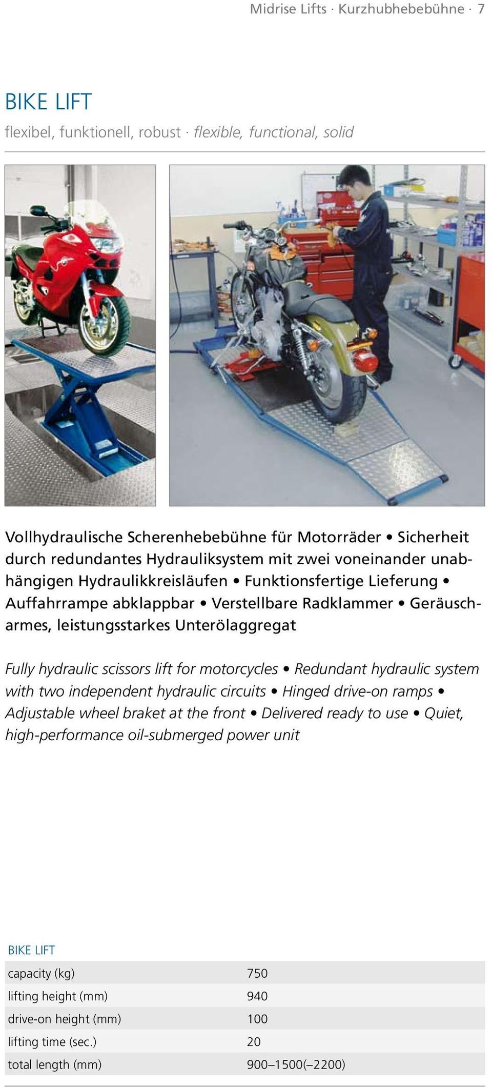 Unterölaggregat Fully hydraulic scissors lift for motorcycles Redundant hydraulic system with two independent hydraulic circuits Hinged drive-on ramps Adjustable wheel braket at the front