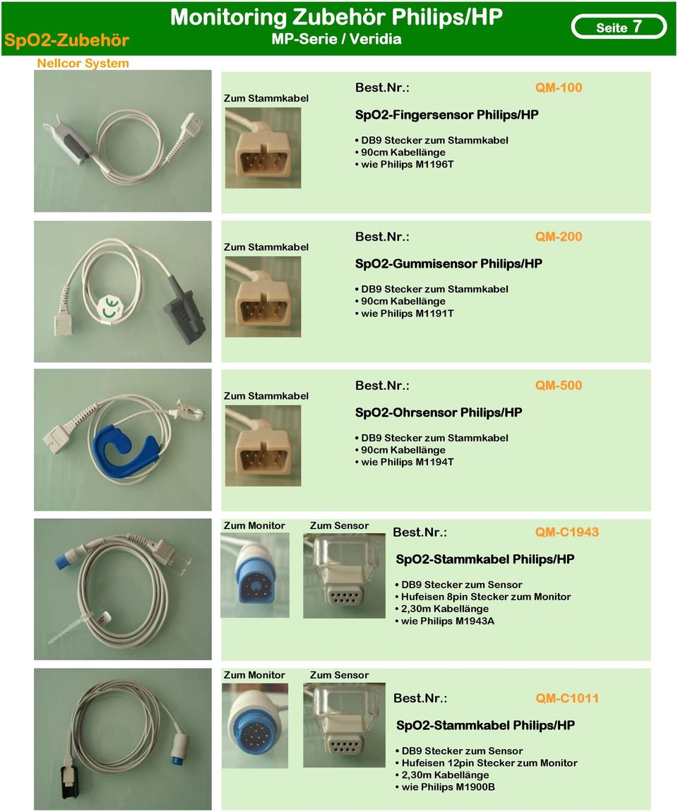 QM-C1943 SpO2-Stammkabel Philips/HP DB9 Stecker zum Sensor Hufeisen 8pin Stecker zum Monitor 2,30m Kabellänge wie Philips M1943A