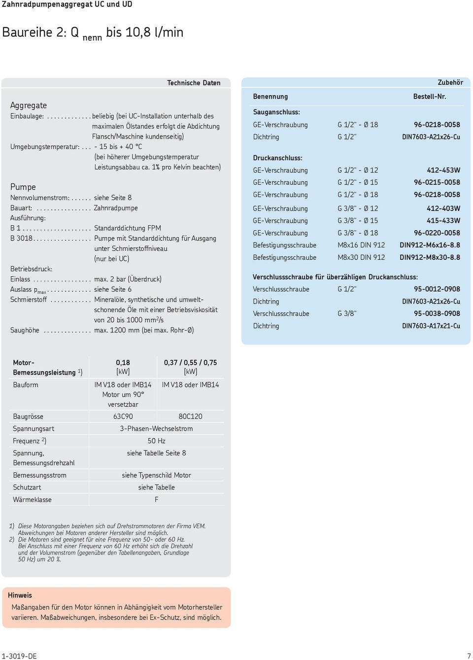 .. - 15 bis + 40 C (bei höherer Umgebungstemperatur Leistungsabbau ca. 1% pro Kelvin beachten) Pumpe :.... siehe Seite 8 Bauart:... Zahnradpumpe Ausführung: B 1... Standarddichtung FPM B 18.