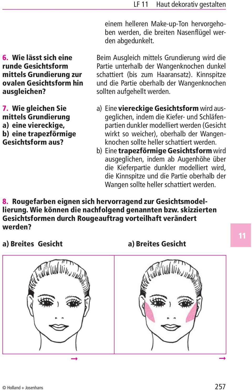 Beim Ausgleich mittels Grundierung wird die Partie unterhalb der Wangenknochen dunkel schattiert (bis zum Haaransatz). Kinnspitze und die Partie oberhalb der Wangenknochen sollten aufgehellt werden.