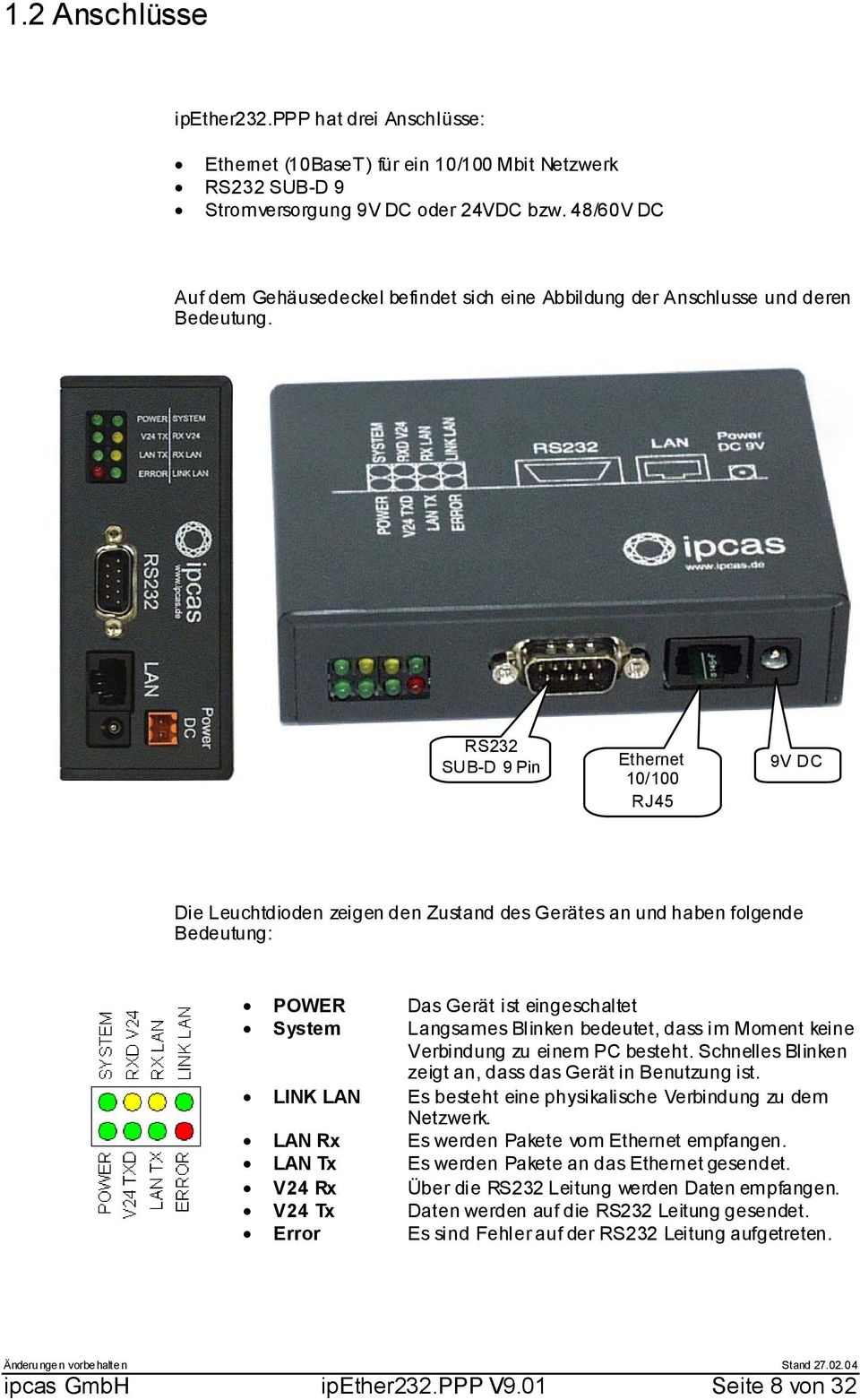 RS232 SUB-D 9 Pin Ethernet 10/100 RJ45 9V DC Die Leuchtdioden zeigen den Zustand des Gerätes an und haben folgende Bedeutung: POWER Das Gerät ist eingeschaltet System Langsames Blinken bedeutet, dass