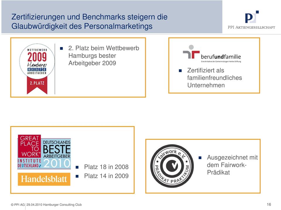 Platz beim Wettbewerb Hamburgs bester Arbeitgeber 2009 Zertifiziert