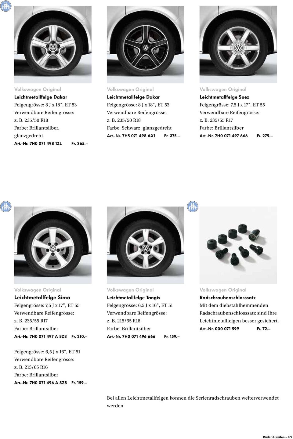 Volkswagen Original Leichtmetallfelge Suez Felgengrösse: 7,5 J x 17", ET 55 Verwendbare Reifengrösse: z. B. 235/55 R17 Farbe: Brillantsilber Art.-Nr. 7H0 071 497 666 Fr. 275.