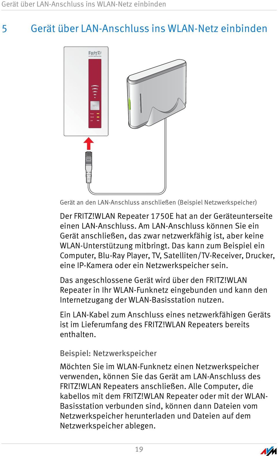 Das kann zum Beispiel ein Computer, Blu-Ray Player, TV, Satelliten/TV-Receiver, Drucker, eine IP-Kamera oder ein Netzwerkspeicher sein. Das angeschlossene Gerät wird über den FRITZ!