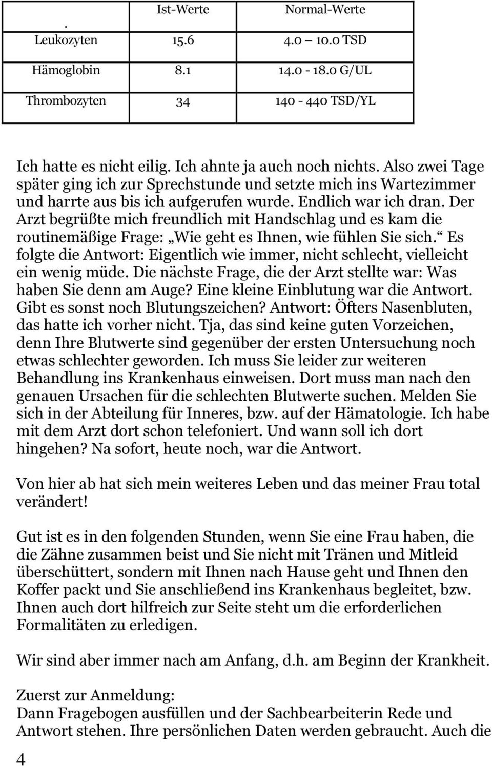 Der Arzt begrüßte mich freundlich mit Handschlag und es kam die routinemäßige Frage: Wie geht es Ihnen, wie fühlen Sie sich.