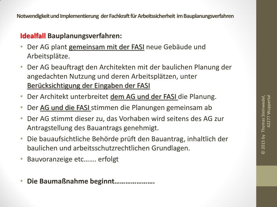 Architekt unterbreitet dem AG und der FASI die Planung.