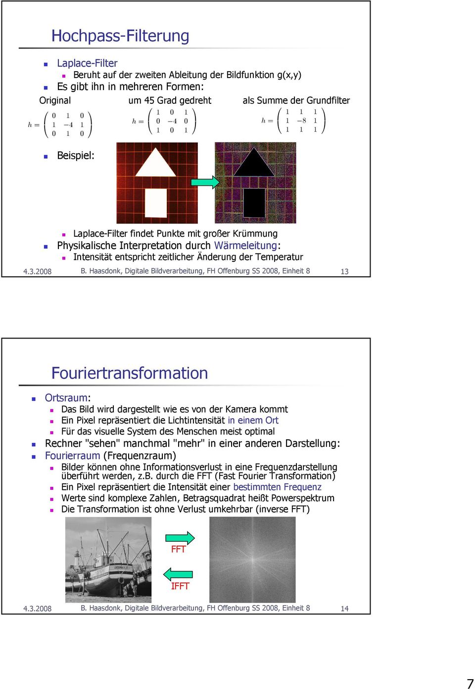 Haasdonk, Digitale Bildverarbeitung, FH Offenburg SS 2008, Einheit 8 Fouriertransformation Ortsraum: Das Bild wird dargestellt wie es von der Kamera kommt Ein Pixel repräsentiert die Lichtintensität
