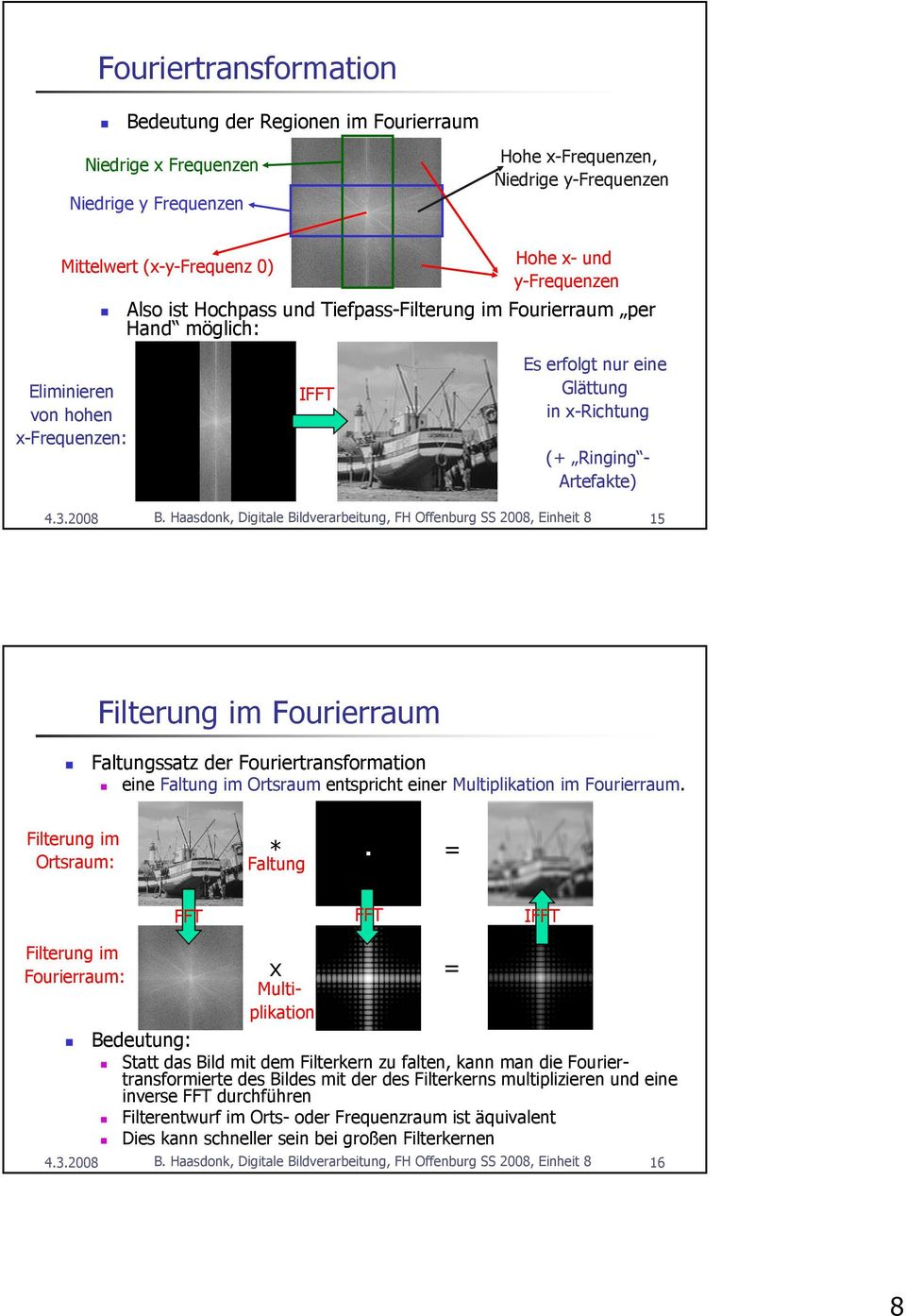 Haasdonk, Digitale Bildverarbeitung, FH Offenburg SS 2008, Einheit 8 5 Filterung im Fourierraum Faltungssatz der Fouriertransformation eine Faltung im Ortsraum entspricht einer Multiplikation im