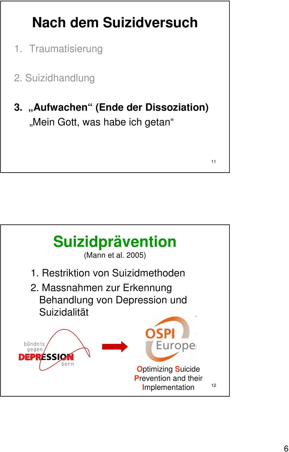 Suizidprävention (Mann et al. 2005) 1. Restriktion von Suizidmethoden 2.