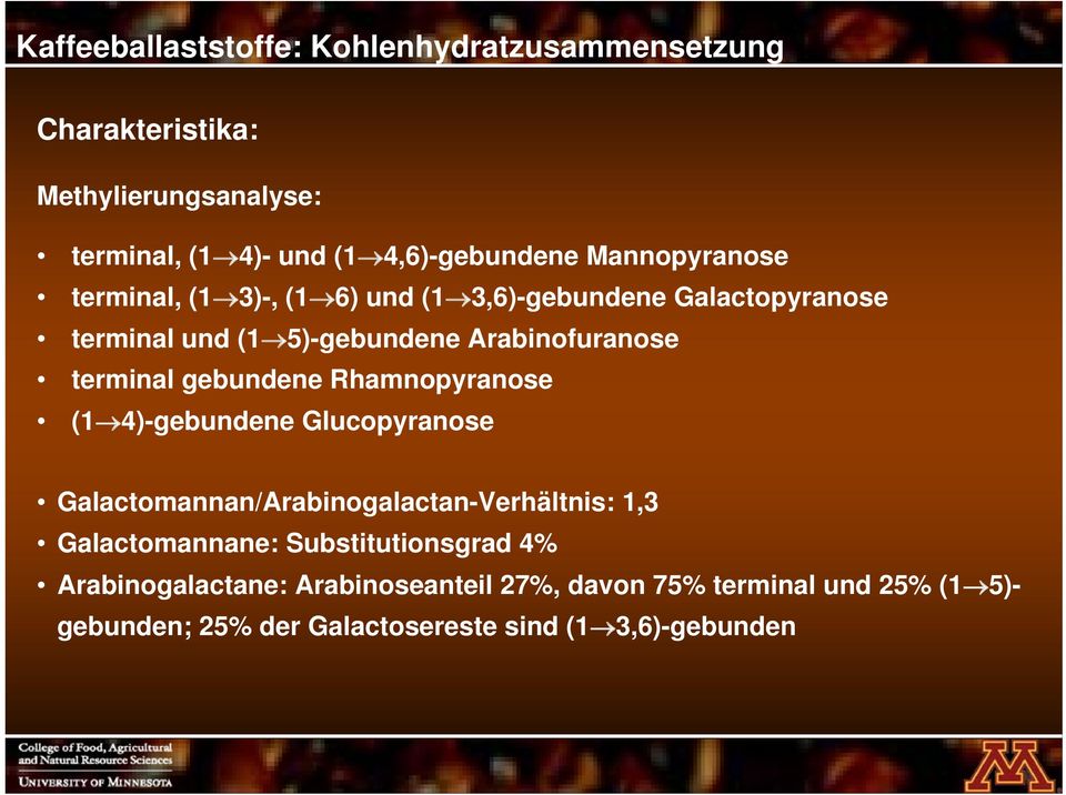gebundene Rhamnopyranose (4)-gebundene Glucopyranose Galactomannan/Arabinogalactan-Verhältnis:,3 Galactomannane: