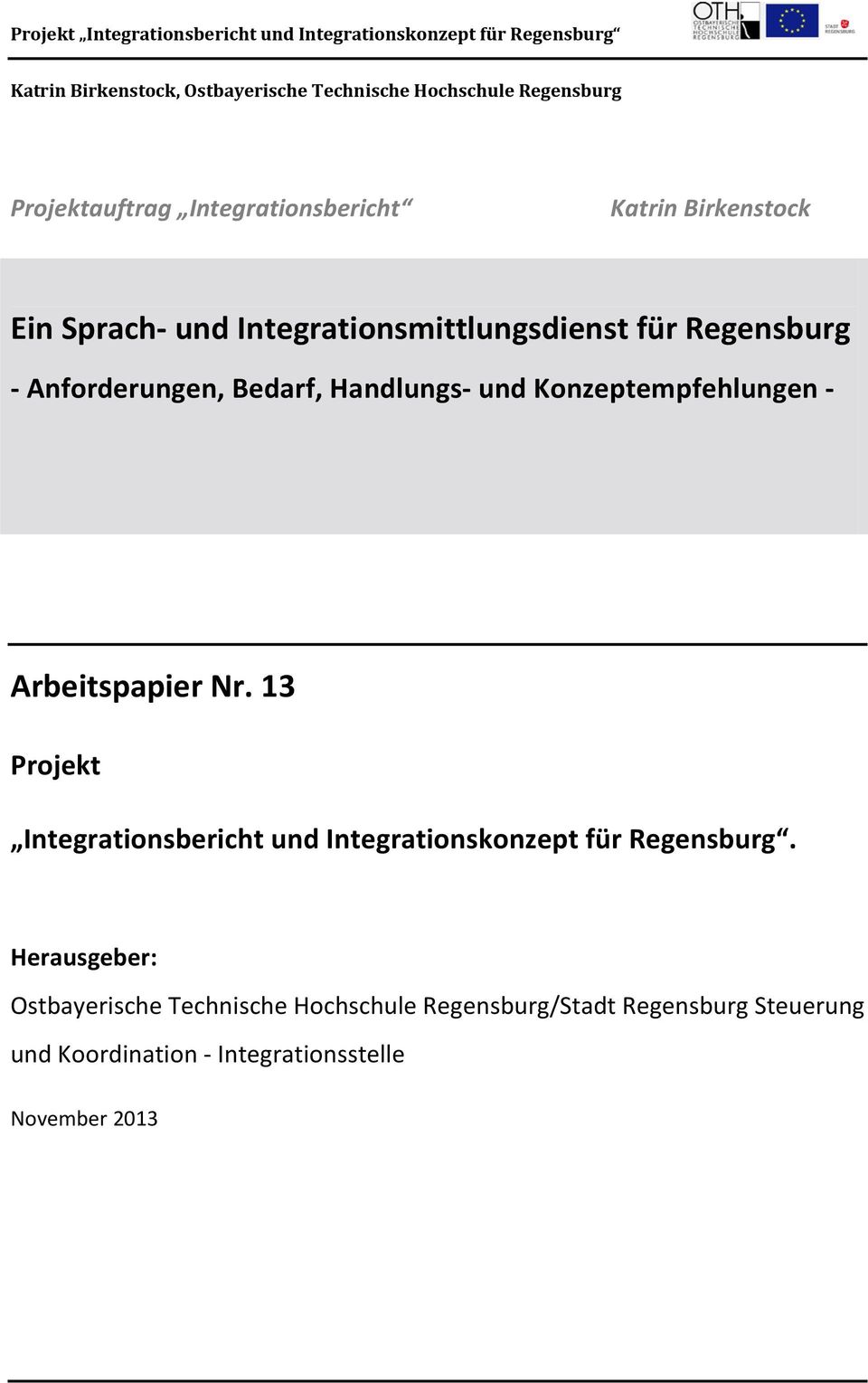 Konzeptempfehlungen - Arbeitspapier Nr. 13 Projekt Integrationsbericht und Integrationskonzept für Regensburg.