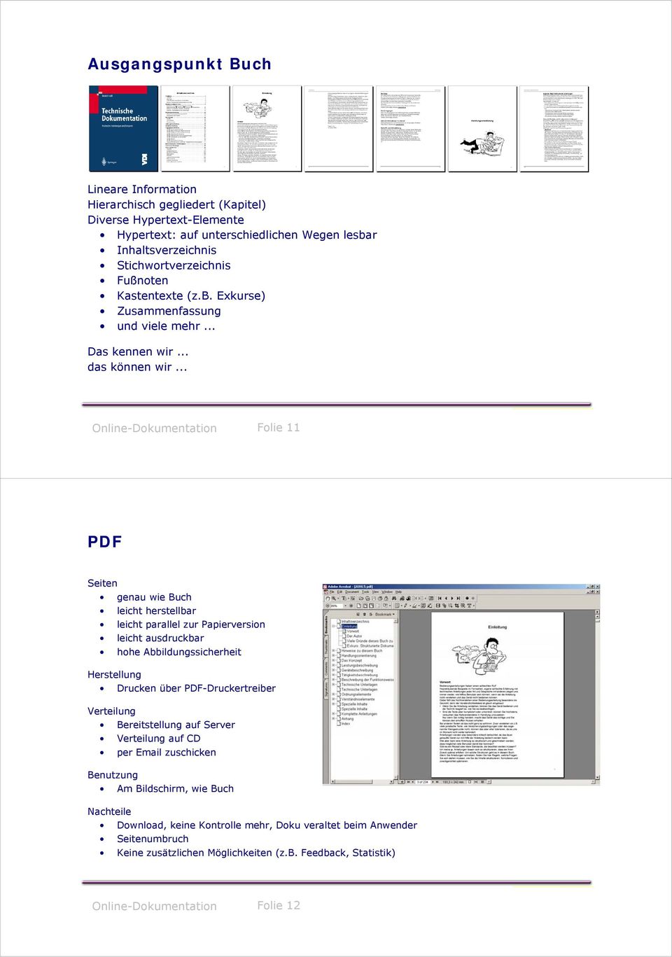 .. Online-Dokumentation Folie 11 PDF Seiten genau wie Buch leicht herstellbar leicht parallel zur Papierversion leicht ausdruckbar hohe Abbildungssicherheit Herstellung Drucken über