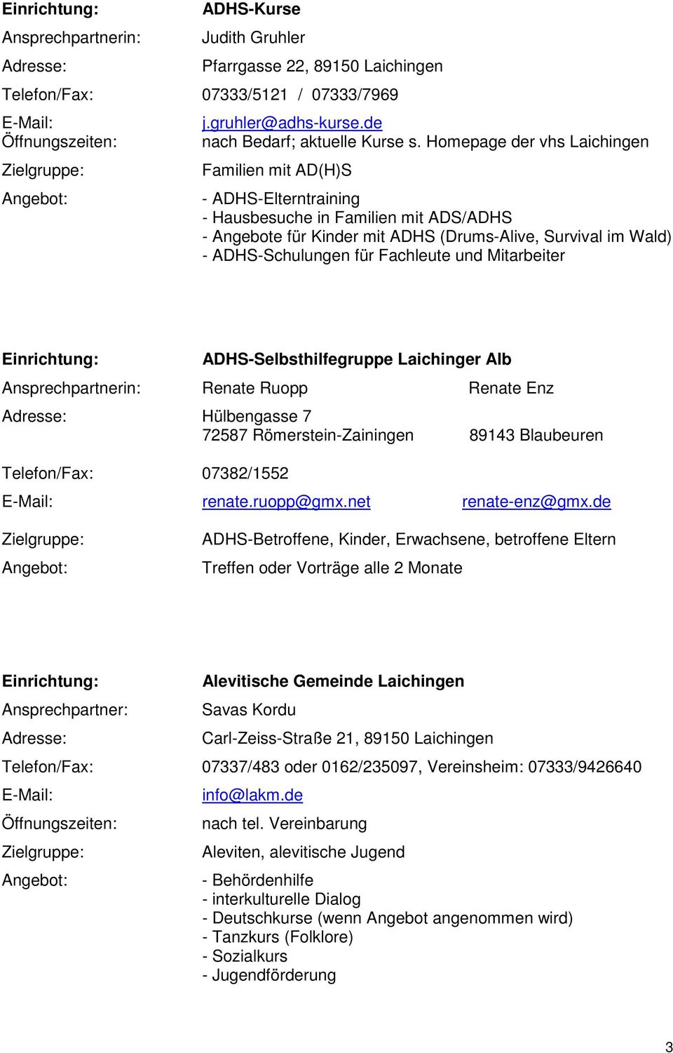 Fachleute und Mitarbeiter ADHS-Selbsthilfegruppe Laichinger Alb Renate Ruopp Renate Enz Hülbengasse 7 72587 Römerstein-Zainingen 89143 Blaubeuren Telefon/Fax: 07382/1552 renate.ruopp@gmx.
