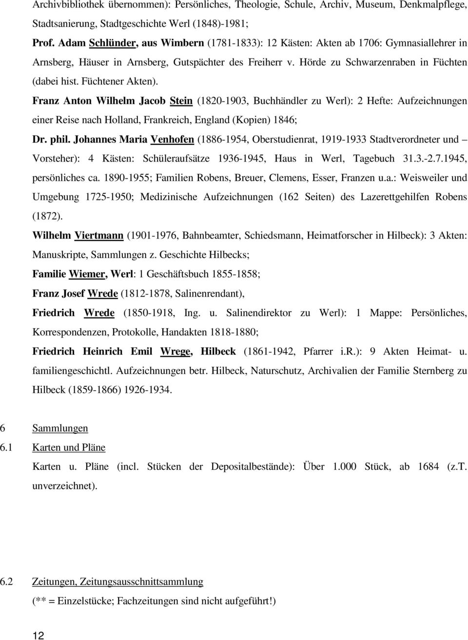 Füchtener Akten). Franz Anton Wilhelm Jacob Stein (1820-1903, Buchhändler zu Werl): 2 Hefte: Aufzeichnungen einer Reise nach Holland, Frankreich, England (Kopien) 1846; Dr. phil.