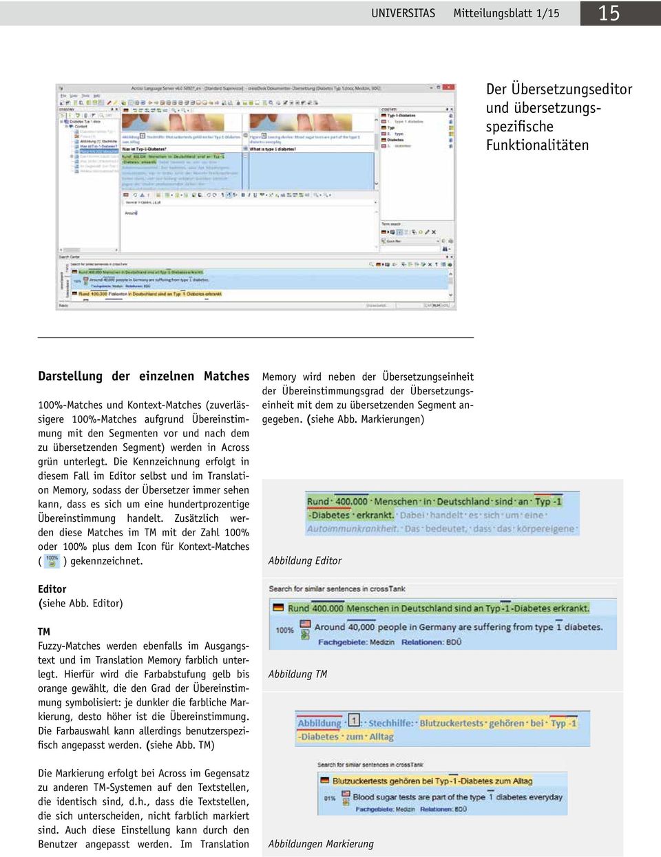 Die Kennzeichnung erfolgt in diesem Fall im Editor selbst und im Translation Memory, sodass der Übersetzer immer sehen kann, dass es sich um eine hundertprozentige Übereinstimmung handelt.