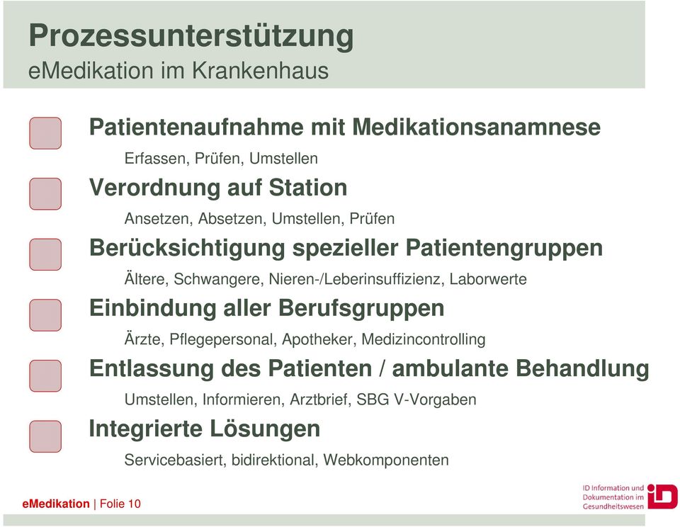 Laborwerte Einbindung aller Berufsgruppen Ärzte, Pflegepersonal, Apotheker, Medizincontrolling Entlassung des Patienten / ambulante