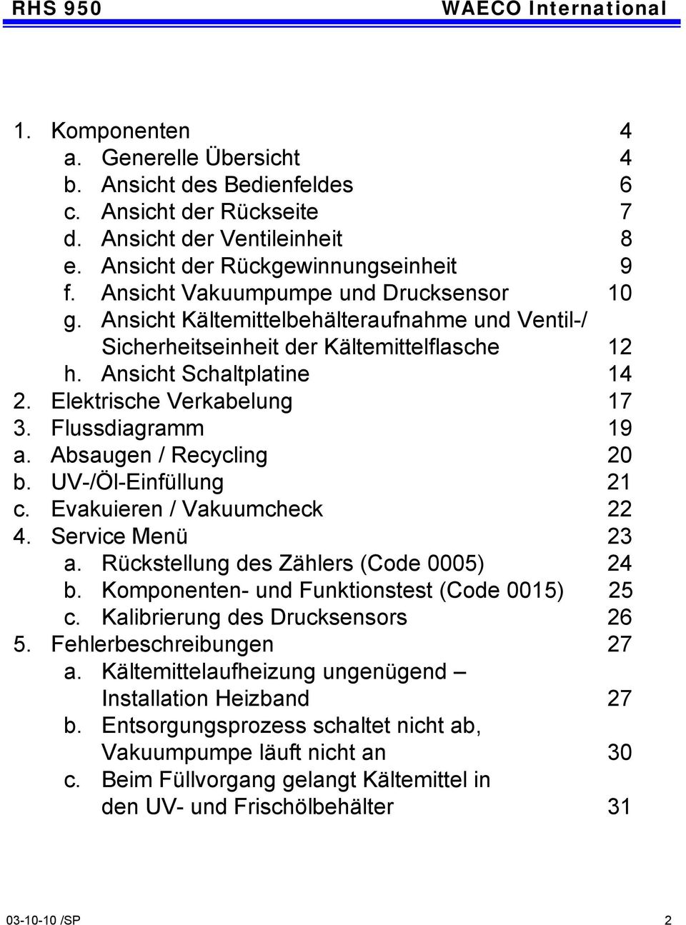 Flussdiagramm 19 a. Absaugen / Recycling 20 b. UV-/Öl-Einfüllung 21 c. Evakuieren / Vakuumcheck 22 4. Service Menü 23 a. Rückstellung des Zählers (Code 0005) 24 b.