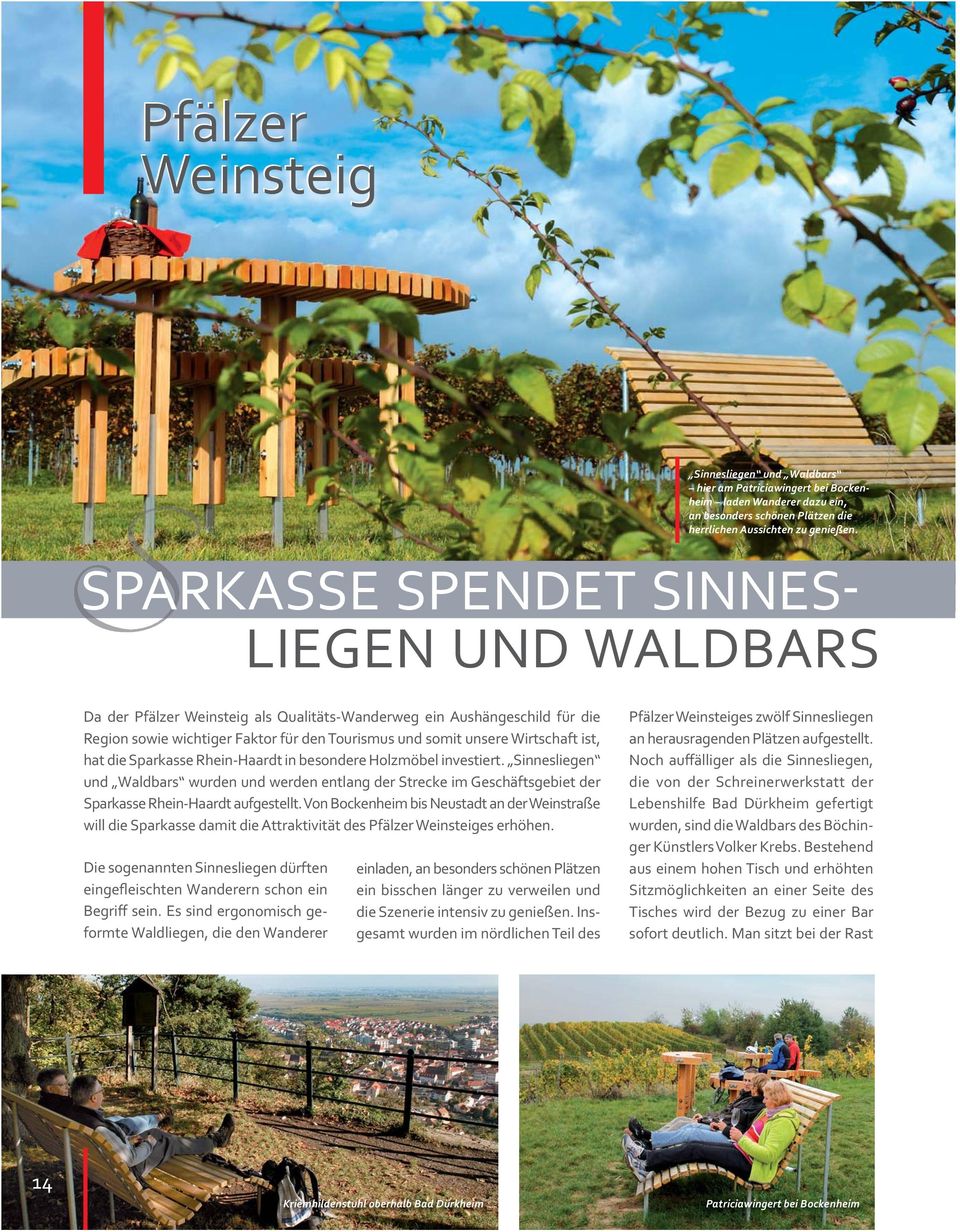 ist, hat die Sparkasse Rhein Haardt in besondere Holzmöbel investiert. Sinnesliegen und Waldbars wurden und werden entlang der Strecke im Geschäftsgebiet der Sparkasse Rhein Haardt aufgestellt.