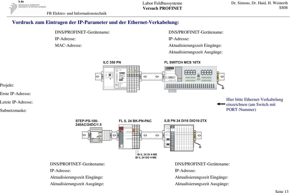 Subnetzmaske: Hier bitte Ethernet-Verkabelung einzeichnen (am Switch mit PORT-Nummer) DNS/PROFINET-Gerätename: IP-Adresse: Aktualisierungszeit