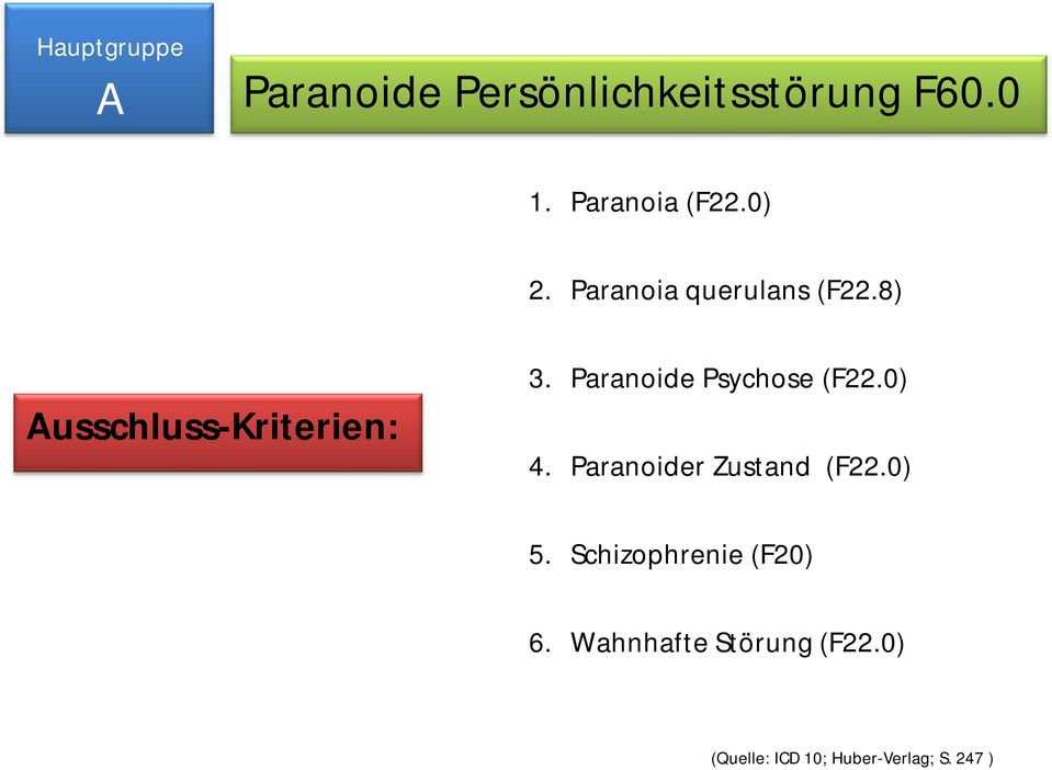 8) Ausschluss-Kriterien: 3. Paranoide Psychose (F22.0) 4.