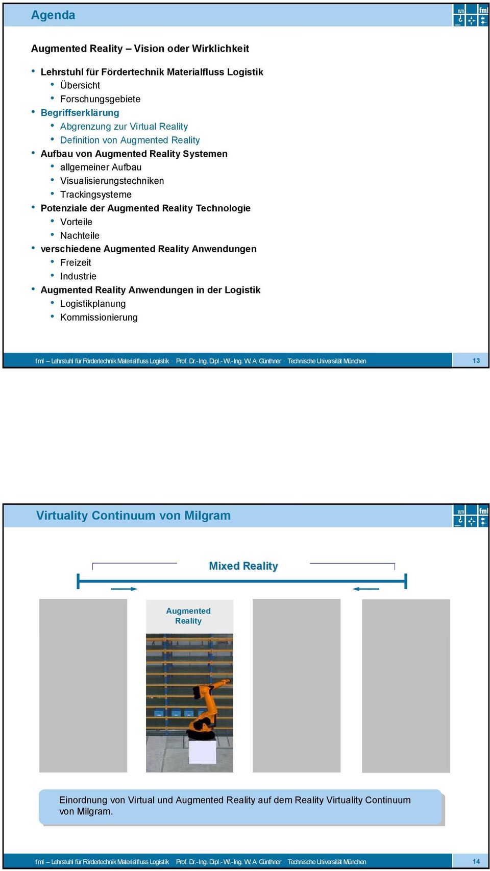 Vorteile Nachteile verschiedene Augmented Reality Anwendungen Freizeit Industrie Augmented Reality Anwendungen in der Logistik Logistikplanung Kommissionierung 13 Virtuality Continuum
